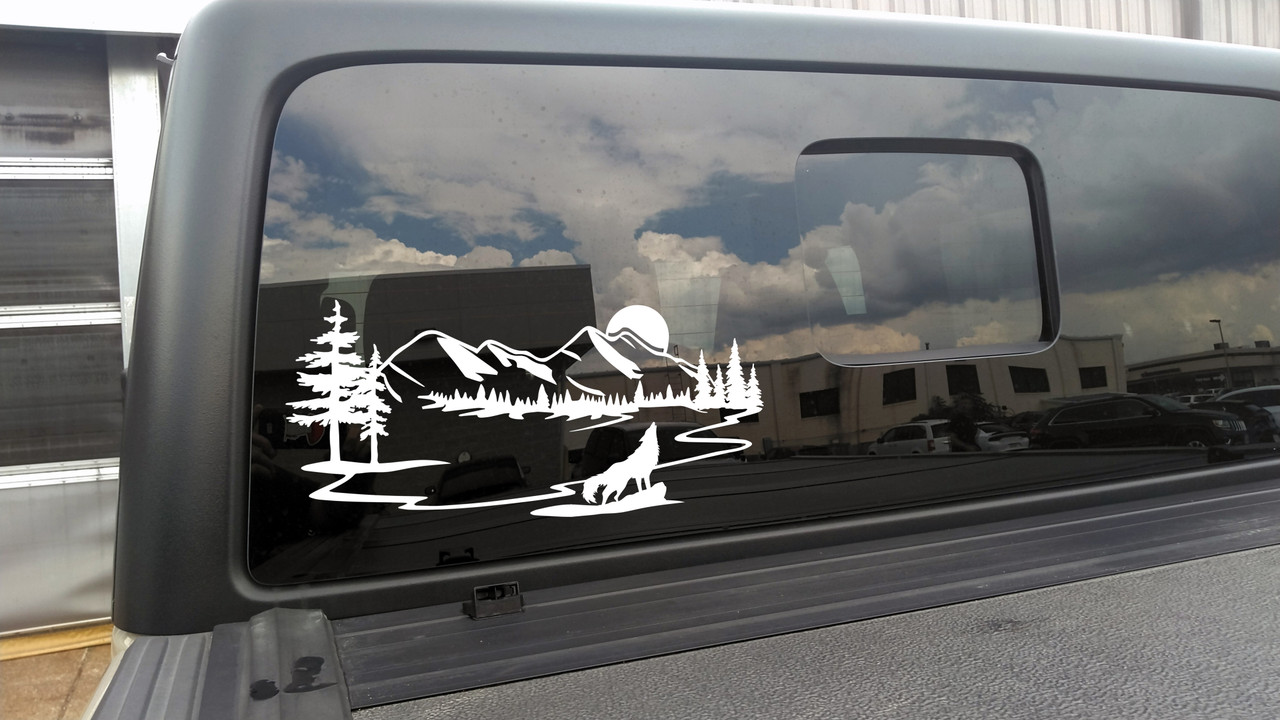 Howling Wolf Moon Scene Vinyl Decal V5 - Mountain Forest RV Graphics - Die Cut Sticker