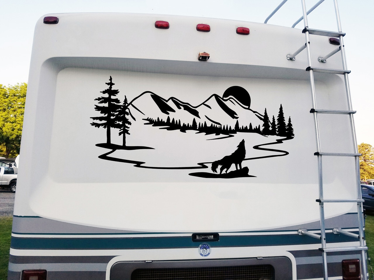 Howling Wolf Moon Scene Vinyl Decal V5 - Mountain Forest RV Graphics - Die Cut Sticker
