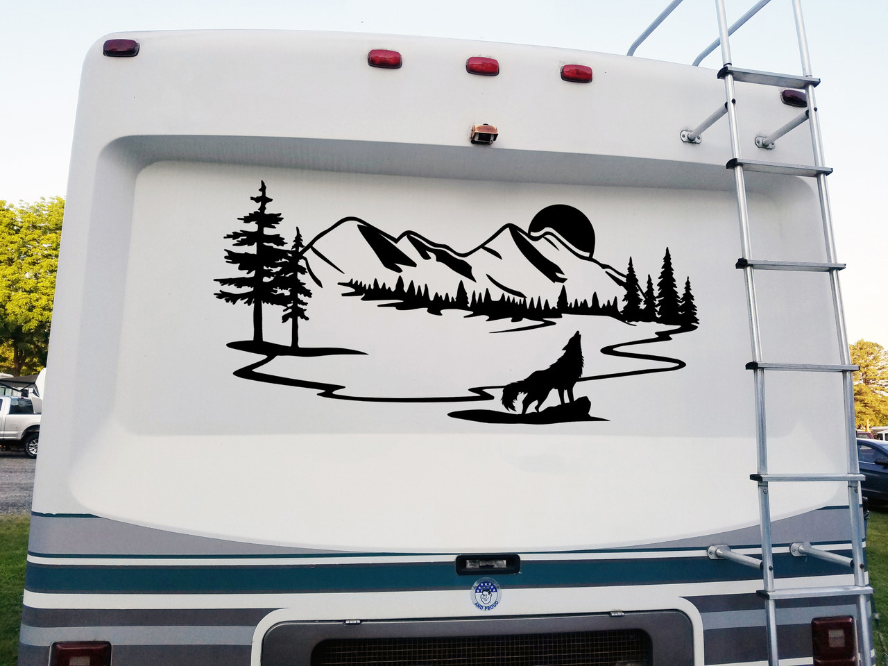 Howling Wolf Moon Scene Vinyl Decal V5 - Mountain Forest RV Graphics - Die Cut Sticker