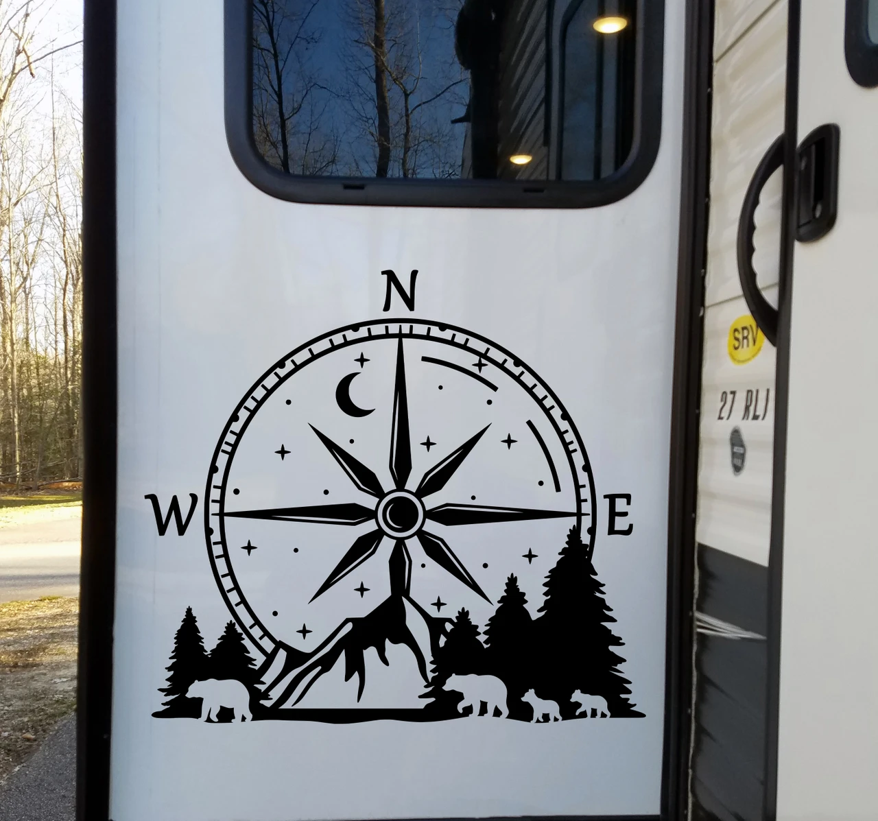 Compass Bear Family Mountain Vinyl Decal V1 - Forest Moon Stars Scene Graphics - Die Cut Sticker