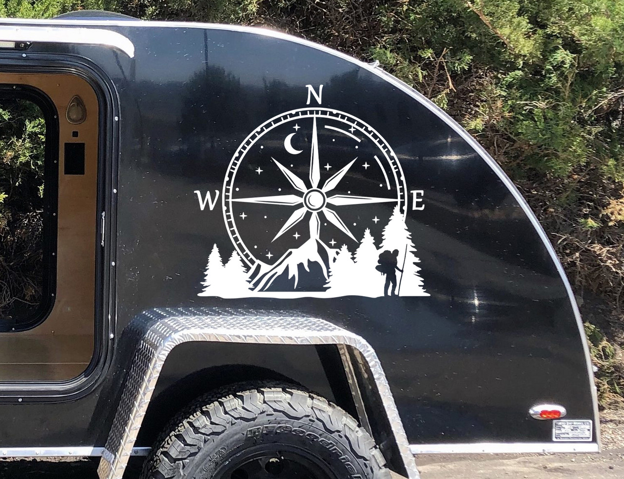 Compass Rose Hiker Mountain Vinyl Decal V1 - Forest Scene Graphics - Die Cut Sticker