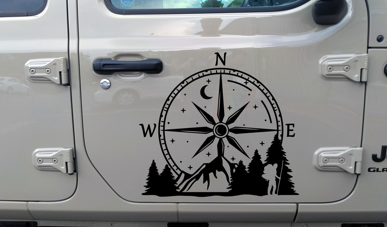 Compass Rose Hiker Mountain Vinyl Decal V1 - Forest Scene Graphics - Die Cut Sticker