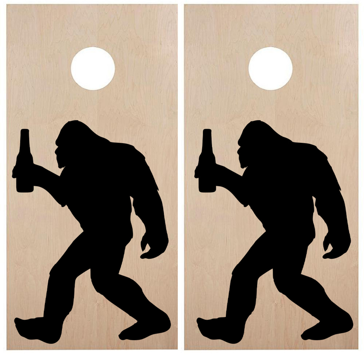 Bigfoot with Beer Cornhole Board Decals - PNW Sasquatch Wine Bottle  - Vinyl Die Cut Stickers - each 21w x 30h inches