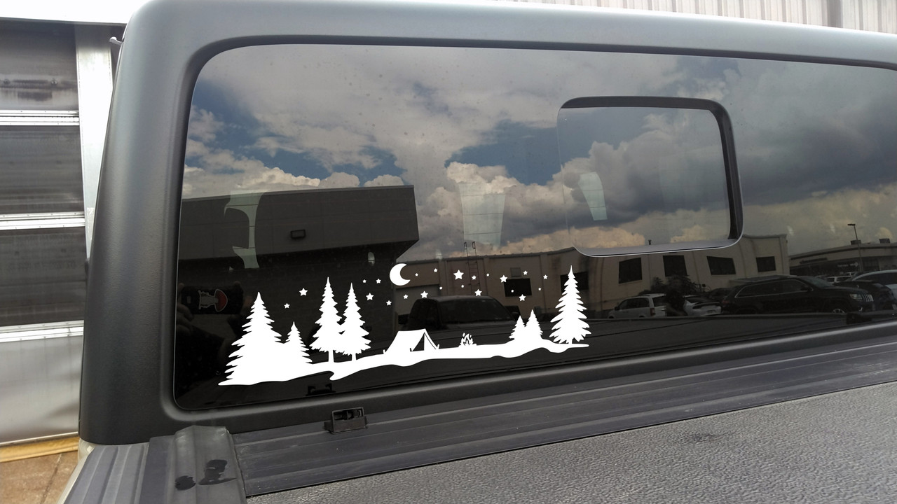 Tent Mountain Moon Stars Scene Vinyl Decal V1 - Campfire Camping Hiking - Die Cut Sticker
