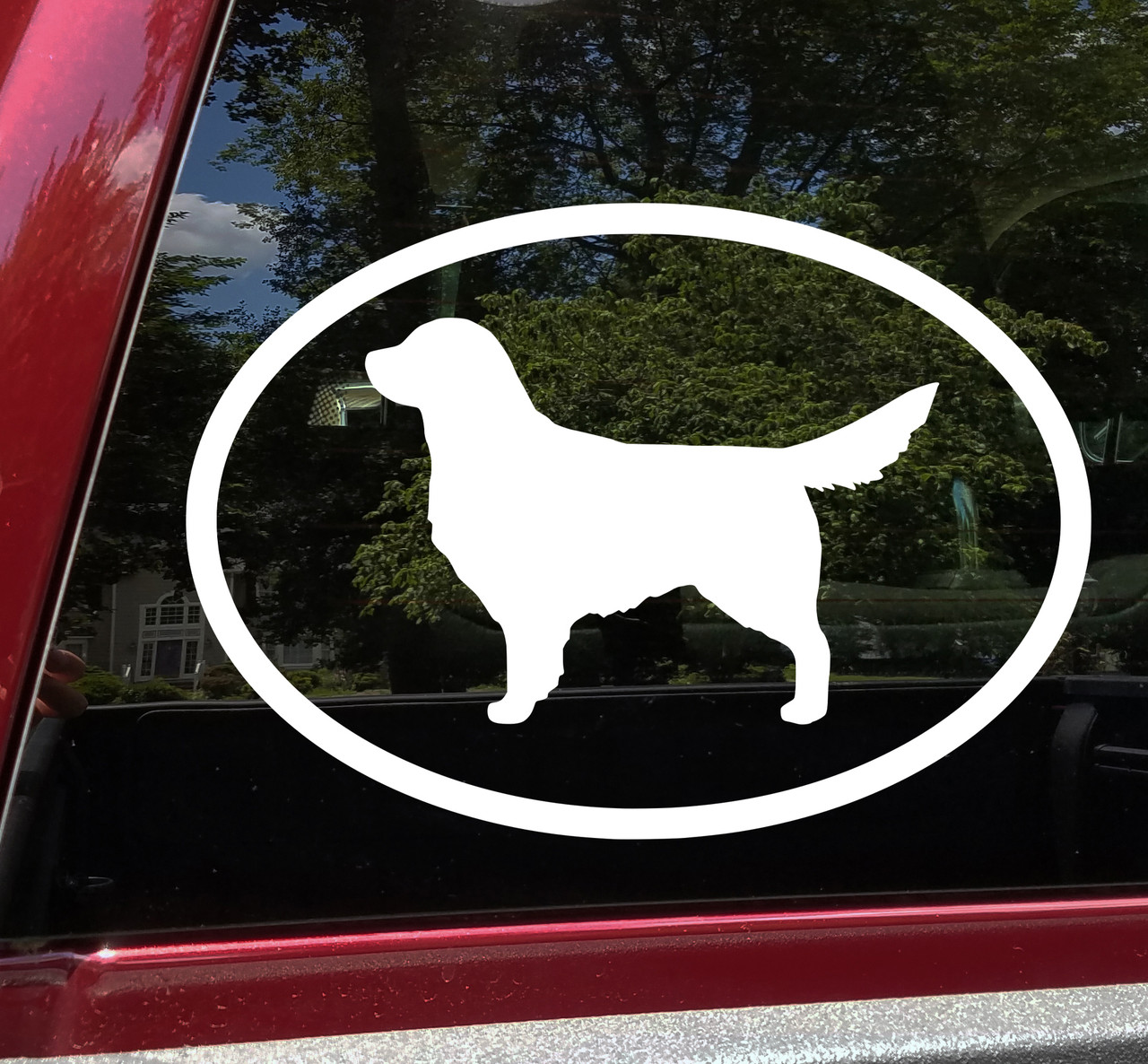 Golden Retriever Goldie dog silhouette inside oval border vinyl decal for car truck SUV camper and RV windows
