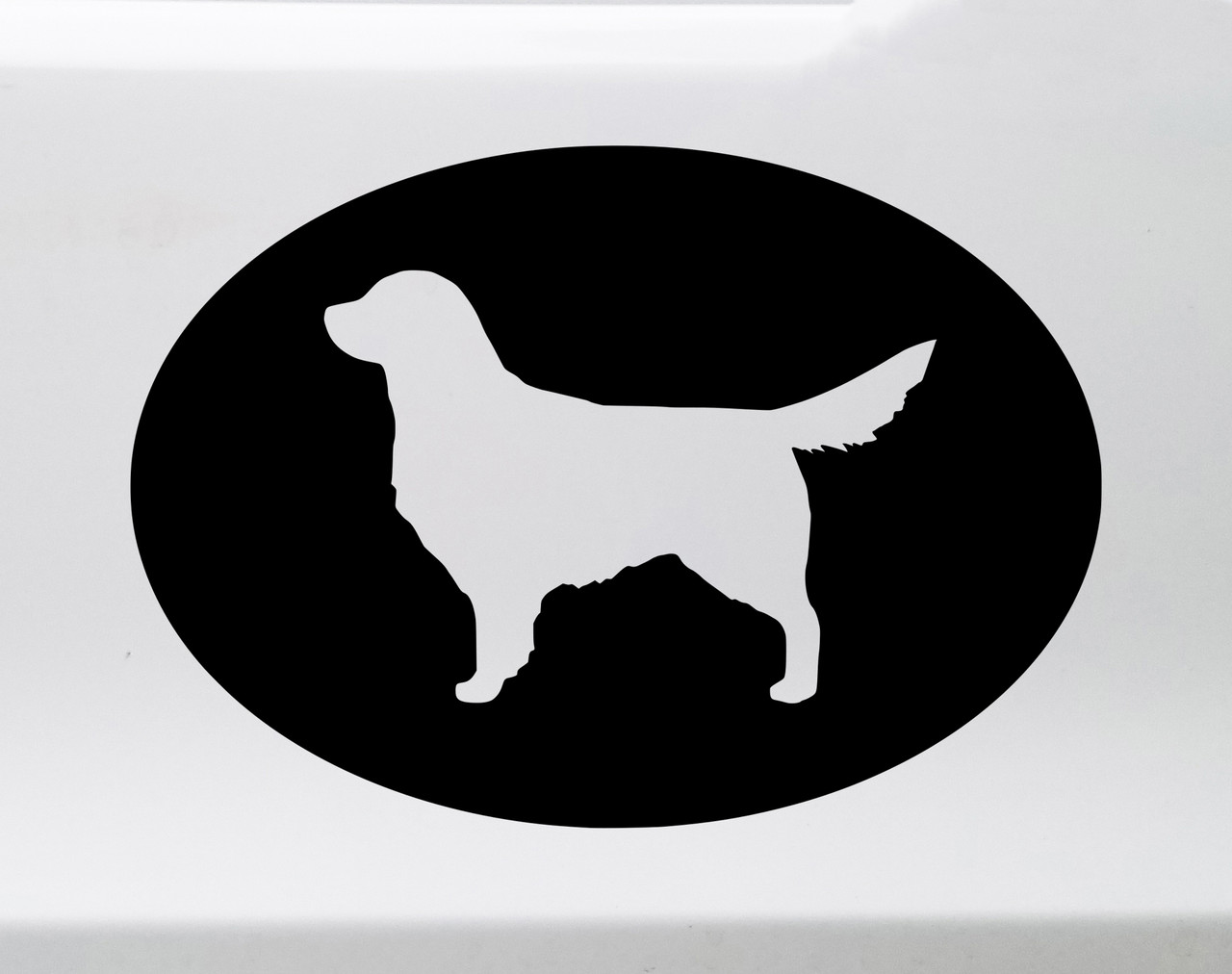 Golden Retriever Goldie dog silhouette inside oval border vinyl decal for car truck SUV camper and RV windows