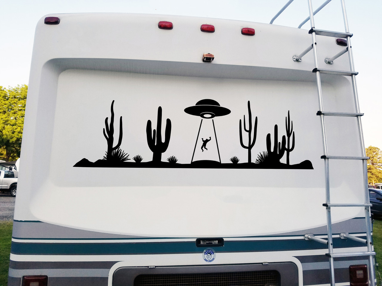 UFO Desert Cactus Scene Vinyl Decal V2 - RV Graphics Alien Abduction - Die Cut Sticker