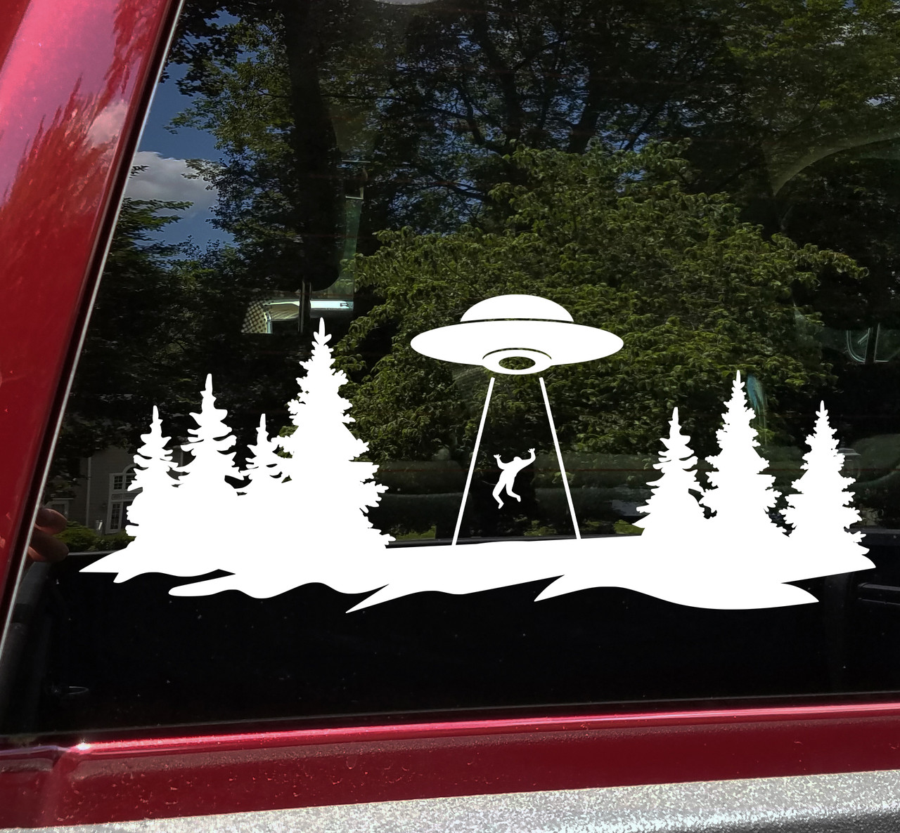 UFO Forest Tree Line Scene Vinyl Decal V1 - RV Graphics Alien Abduction - Die Cut Sticker