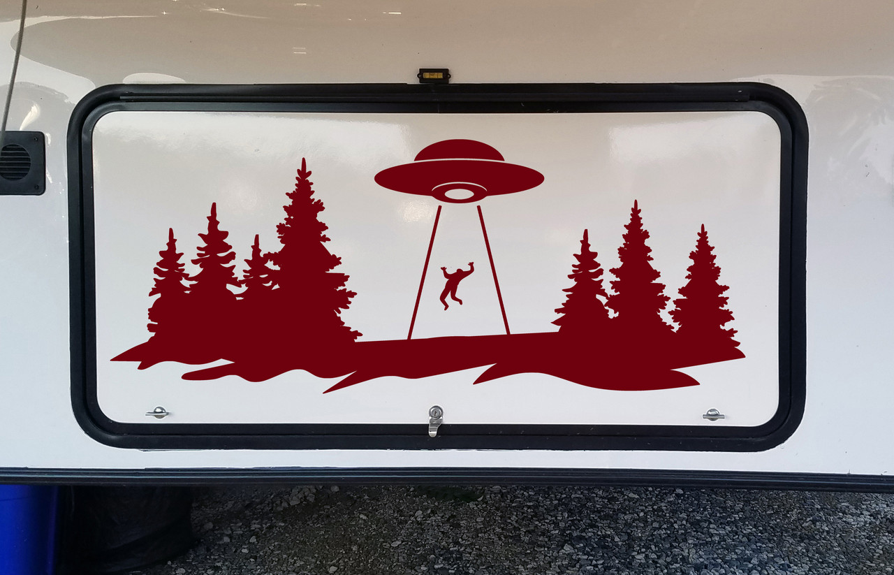 UFO Forest Tree Line Scene Vinyl Decal V1 - RV Graphics Alien Abduction - Die Cut Sticker
