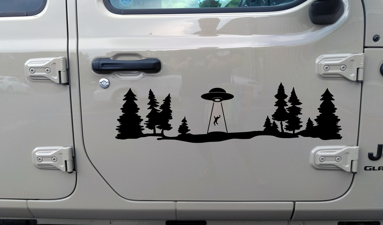 UFO Forest Tree Line Scene Vinyl Decal V2 - RV Graphics Alien Abduction - Die Cut Sticker