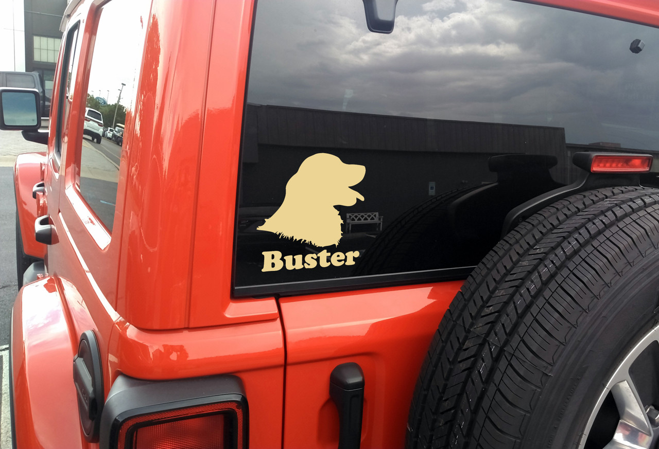 Personalized Golden Retriever head profile vinyl decal with custom dog name and mirror option