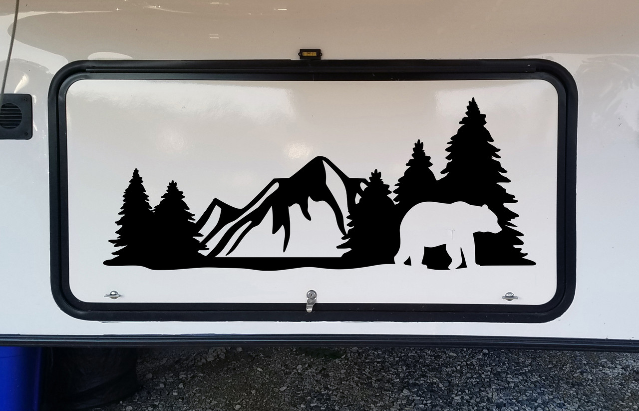 Bear Forest Scene Vinyl Decal V3 - Mountains RV Graphics Camping - Die Cut Sticker