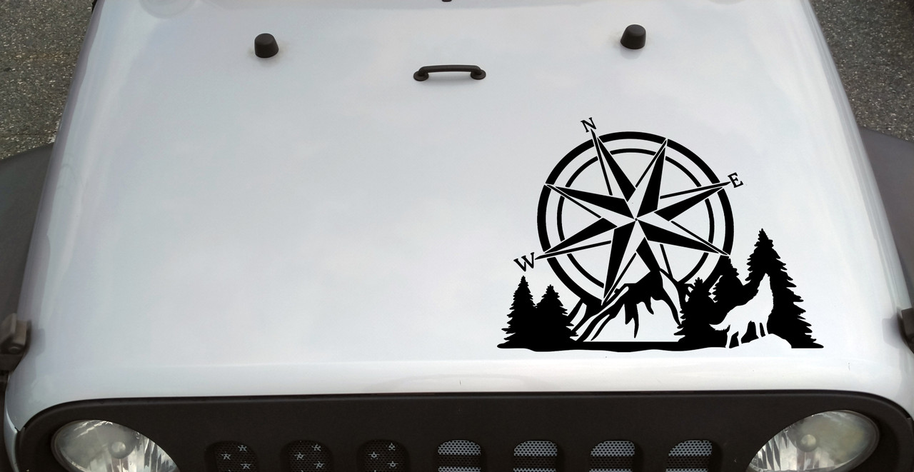 Compass Howling Wolf Mountain Forest Scene V2 - Camping RV Graphics Scenery - Die Cut Sticker