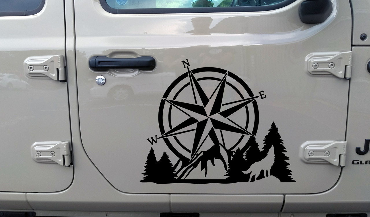 Compass Howling Wolf Mountain Forest Scene V2 - Camping RV Graphics Scenery - Die Cut Sticker