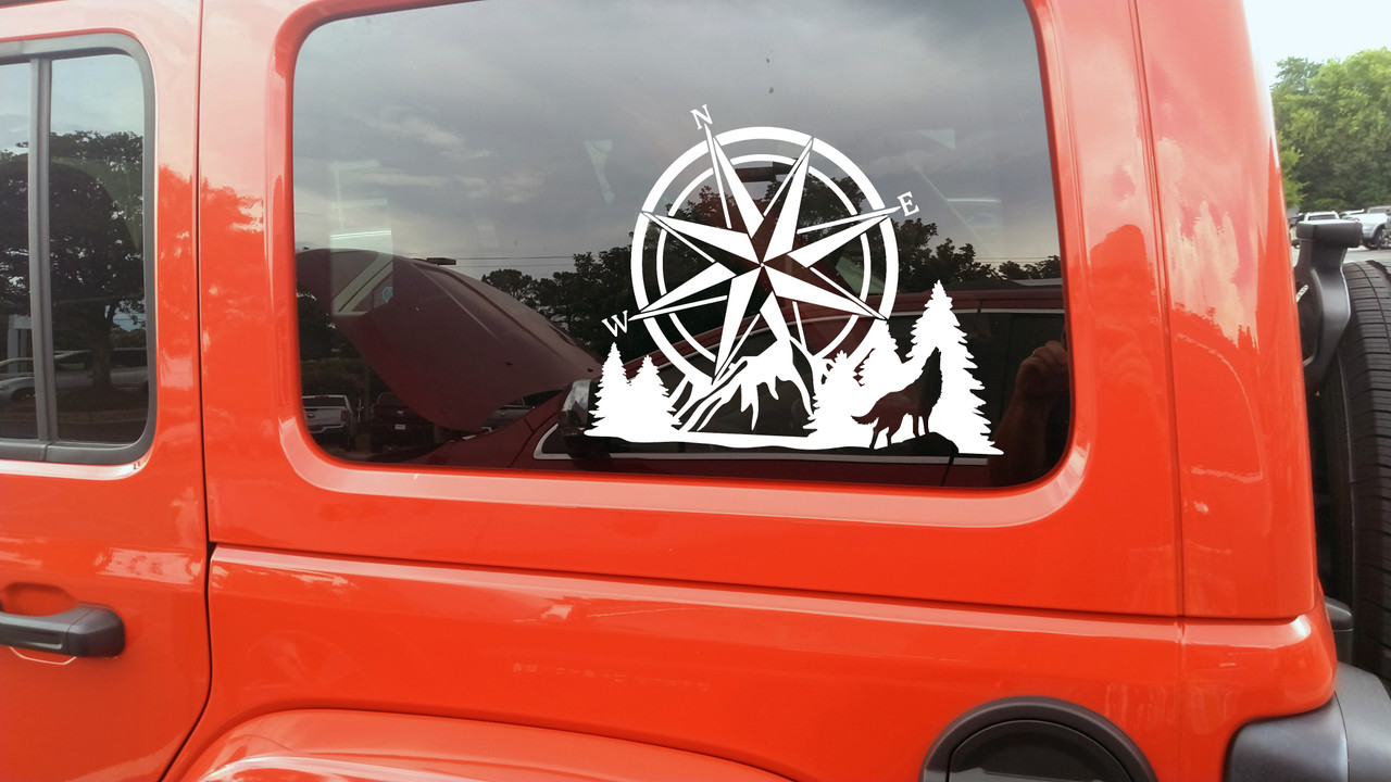 Compass Howling Wolf Mountain Forest Scene V2 - Camping RV Graphics Scenery - Die Cut Sticker