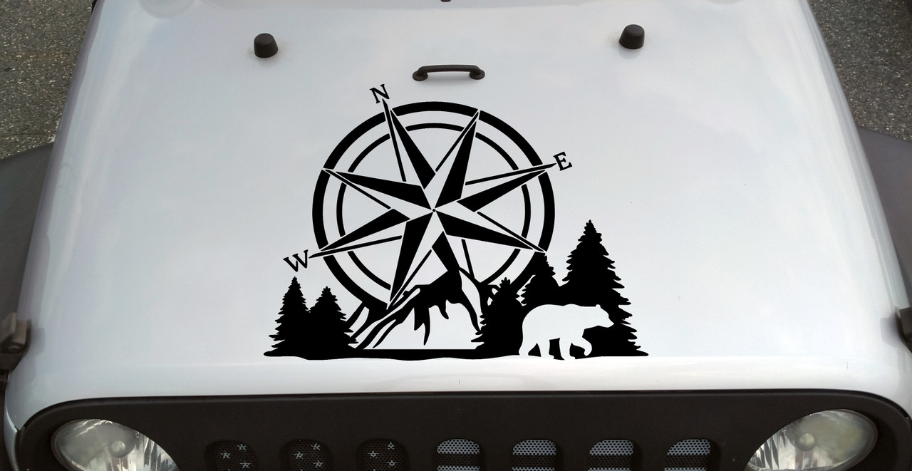 Compass Bear Mountain Forest Scene V2 - Camping RV Graphics Scenery - Die Cut Sticker
