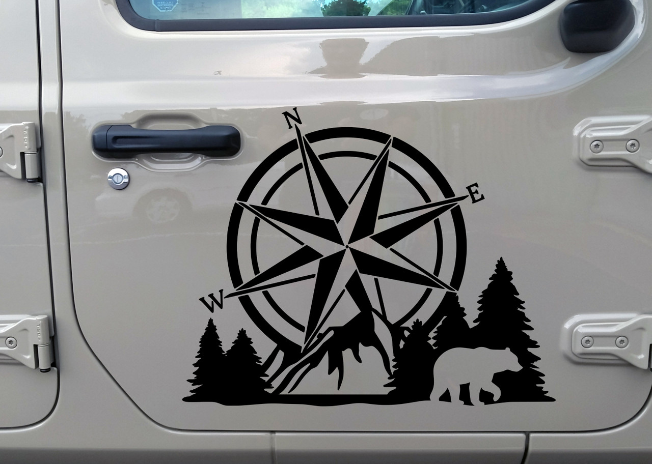 Compass Bear Mountain Forest Scene V2 - Camping RV Graphics Scenery - Die Cut Sticker