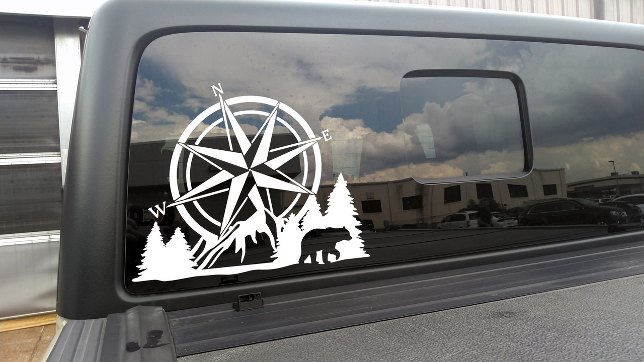 Compass Bear Mountain Forest Scene V2 - Camping RV Graphics Scenery - Die Cut Sticker