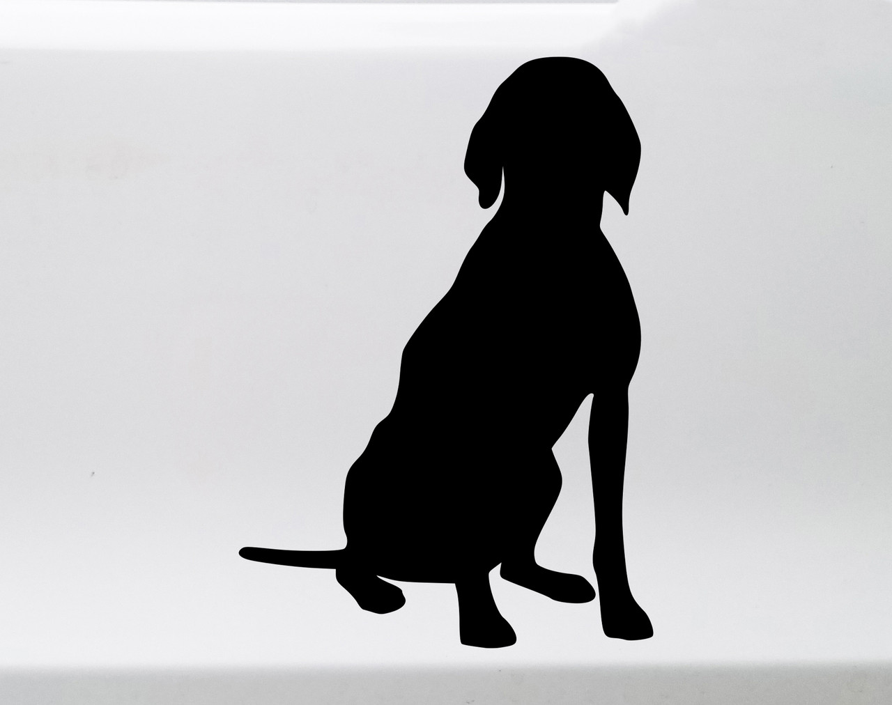 Sitting Weimaraner Gray Ghost dog silhouette vinyl decal featuring a seated dog with floppy ears and extended tail, available in eight sizes including 4-pack, 2-pack and mirror options for cars, trucks, SUVs and RVs