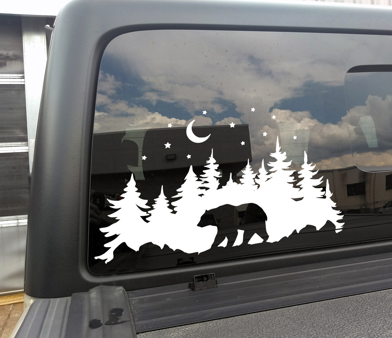 Bear in Forest Moon Stars V1 Vinyl Decal - RV Graphics Scene Camping PNW - Die Cut Sticker