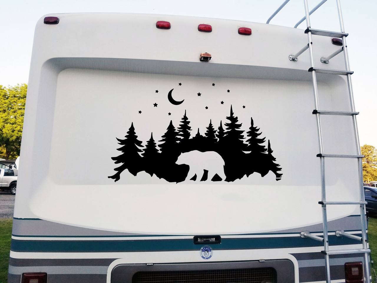 Bear in Forest Moon Stars V1 Vinyl Decal - RV Graphics Scene Camping PNW - Die Cut Sticker