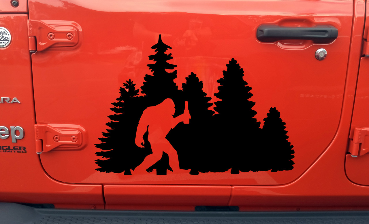 Bigfoot in Trees with Beer Bottle Vinyl Decal V1 - Sasquatch Forest Line PNW - Die Cut Sticker