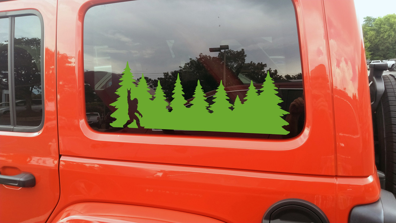 Bigfoot in Trees Metal Horns Vinyl Decal V2 - Sasquatch Forest Line PNW - Die Cut Sticker
