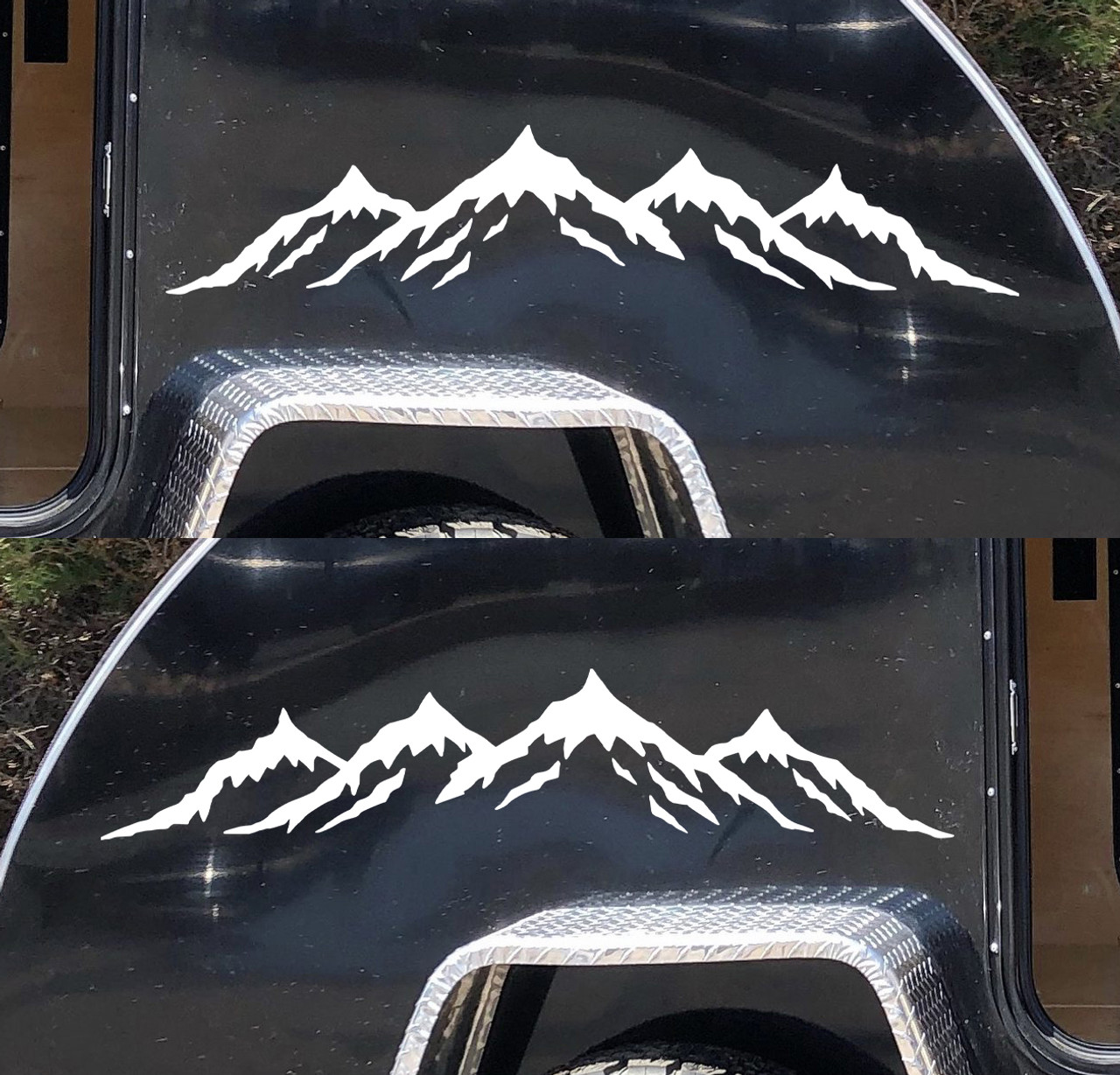 Set of two Mountain Scenes Vinyl Decals V4 - Mirrored Hiking Traveling RV Graphics - Die Cut Stickers