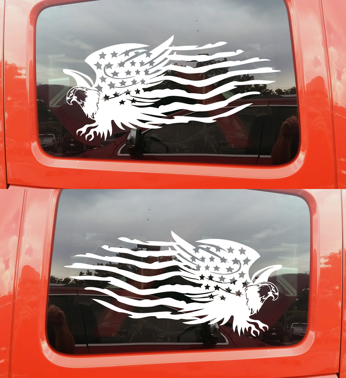 Set of 2 American Flag with Bald Eagle Vinyl Decal - Mirrored Distressed - Die Cut Sticker