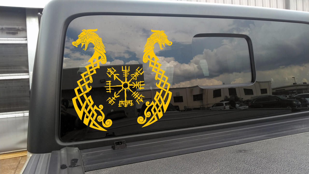 Viking Dragons with Viking Compass Vinyl Decal V1 - Fafnir Vegvisir Norse Mythology - Die Cut Sticker