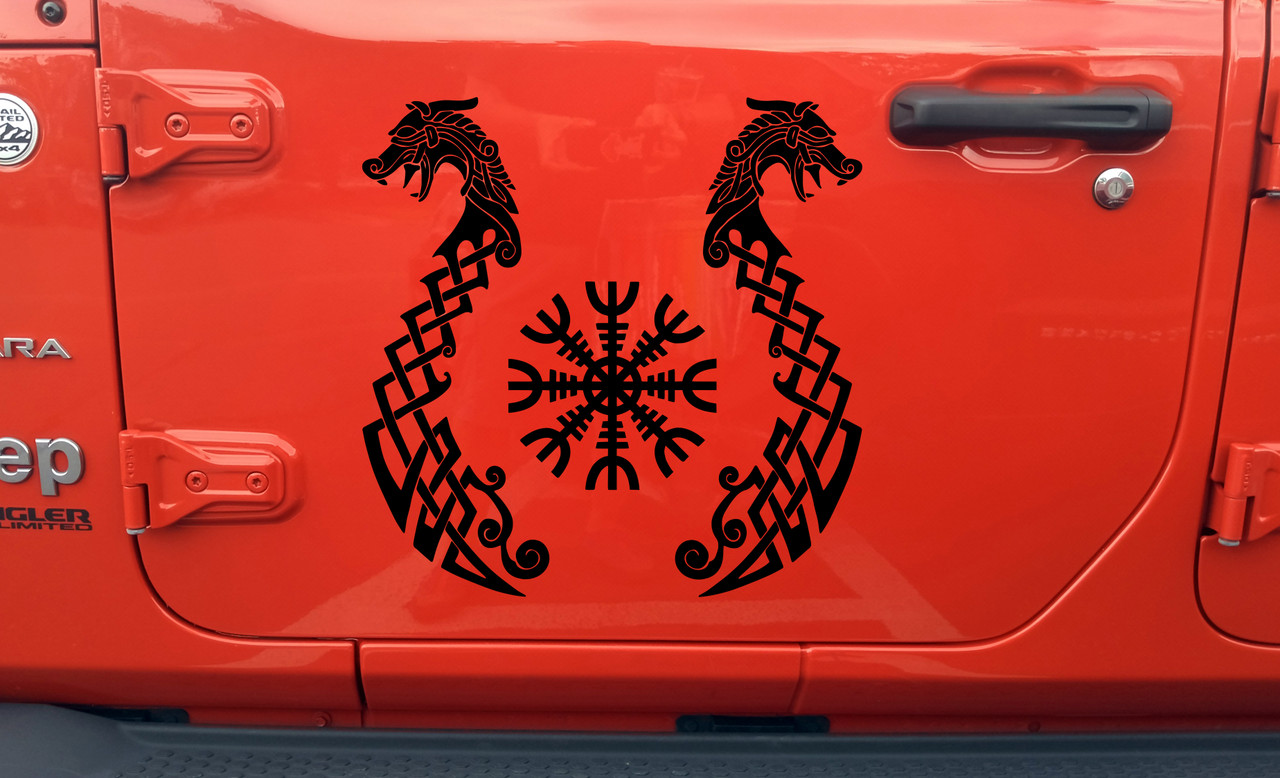 Viking Dragons with Helm of Awe Vinyl Decal V1 - Fafnir Aegishjalmur Norse Mythology - Die Cut Sticker