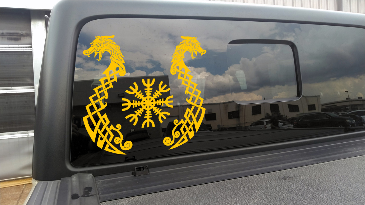 Viking Dragons with Helm of Awe Vinyl Decal V1 - Fafnir Aegishjalmur Norse Mythology - Die Cut Sticker