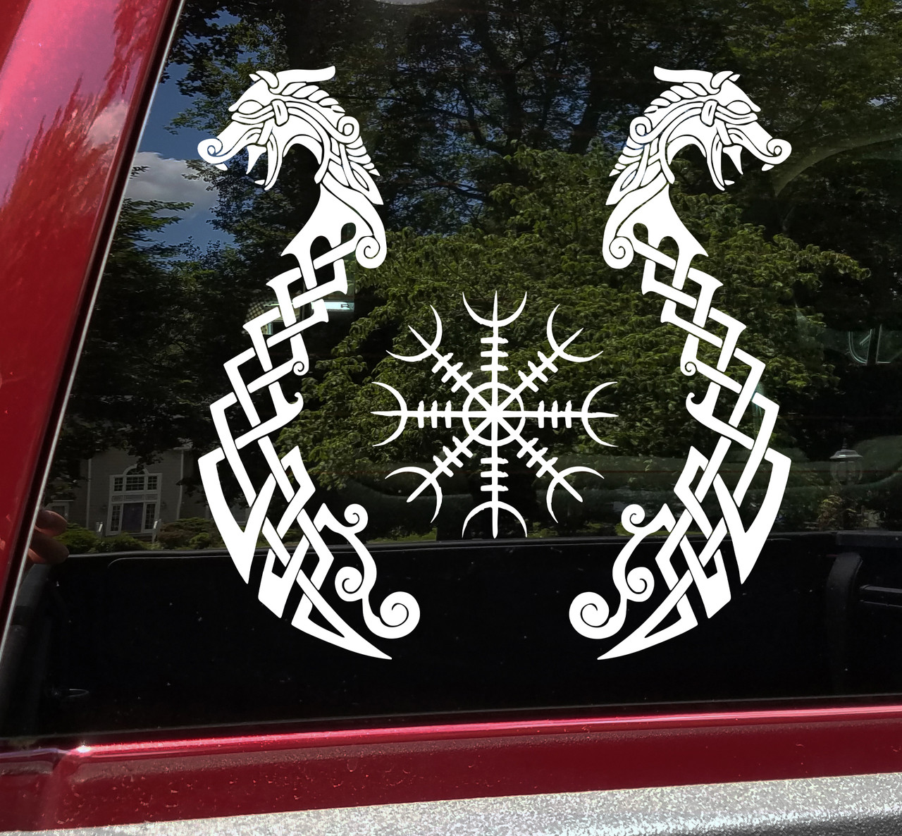 Viking Dragons with Helm of Awe Vinyl Decal V2 - Fafnir Aegishjalmur Norse Mythology - Die Cut Sticker