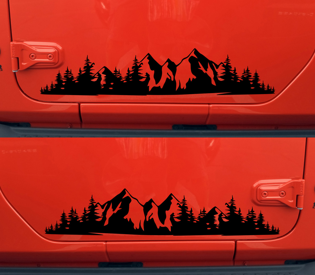 Set of 2 Mountains and Forest Vinyl Decals V5 - Camping Hiking RV Graphics - Mirrored Die Cut Stickers
