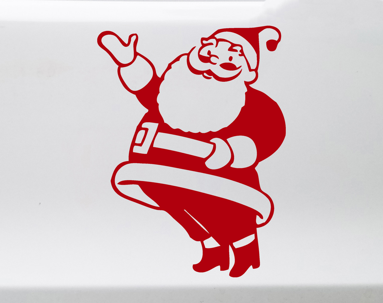 Waving Santa Claus Christmas vinyl decal featuring a smiling full-body Santa wearing a traditional hat, coat, belt and boots with one hand raised