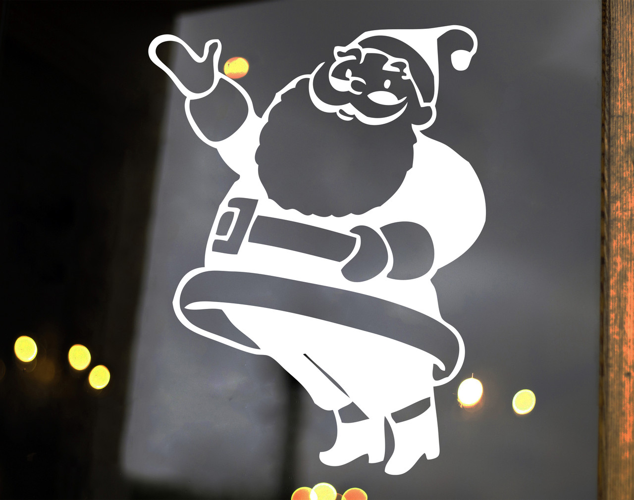 Waving Santa Claus Christmas vinyl decal featuring a smiling full-body Santa wearing a traditional hat, coat, belt and boots with one hand raised