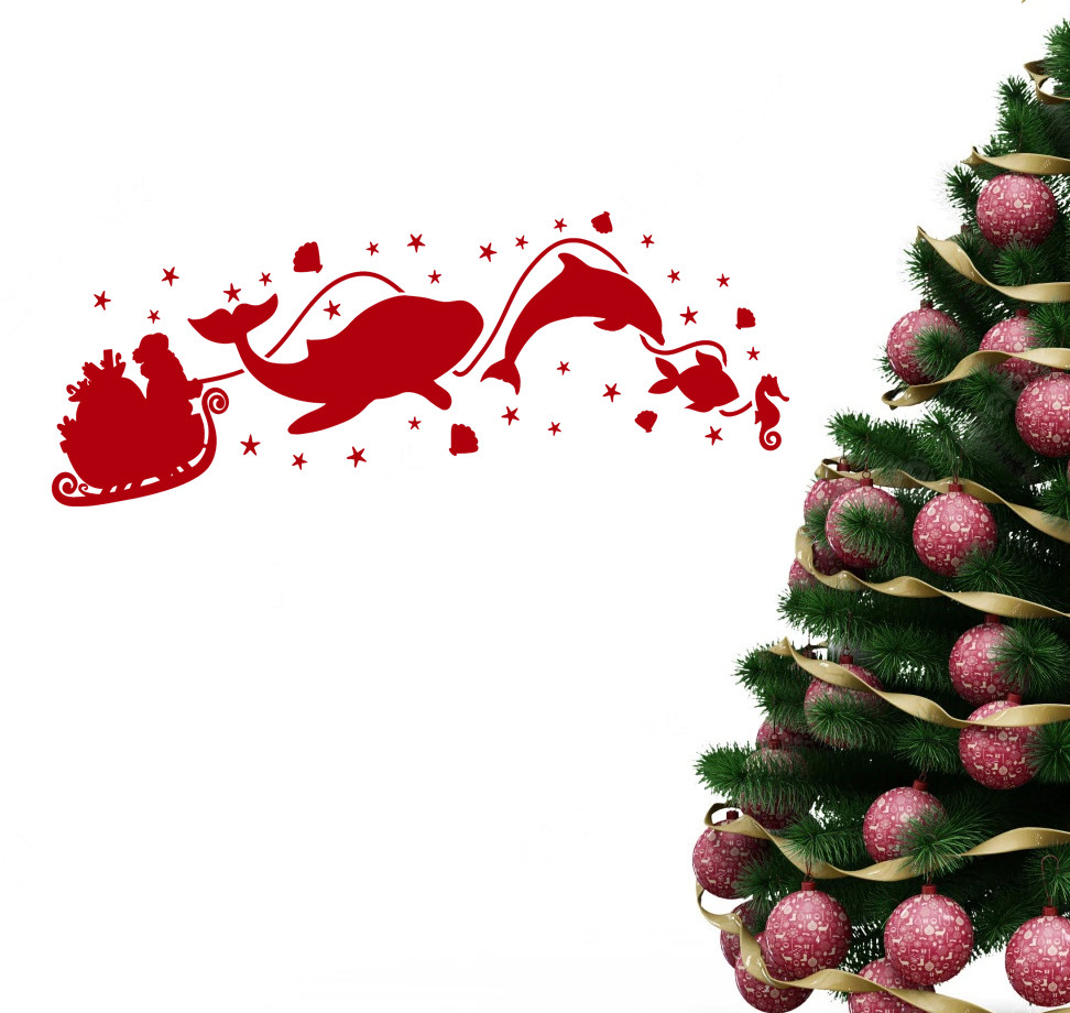 White Christmas vinyl window decal featuring Santa Claus in a sleigh pulled by a whale, dolphin, fish and seahorse surrounded by stars and seashells
