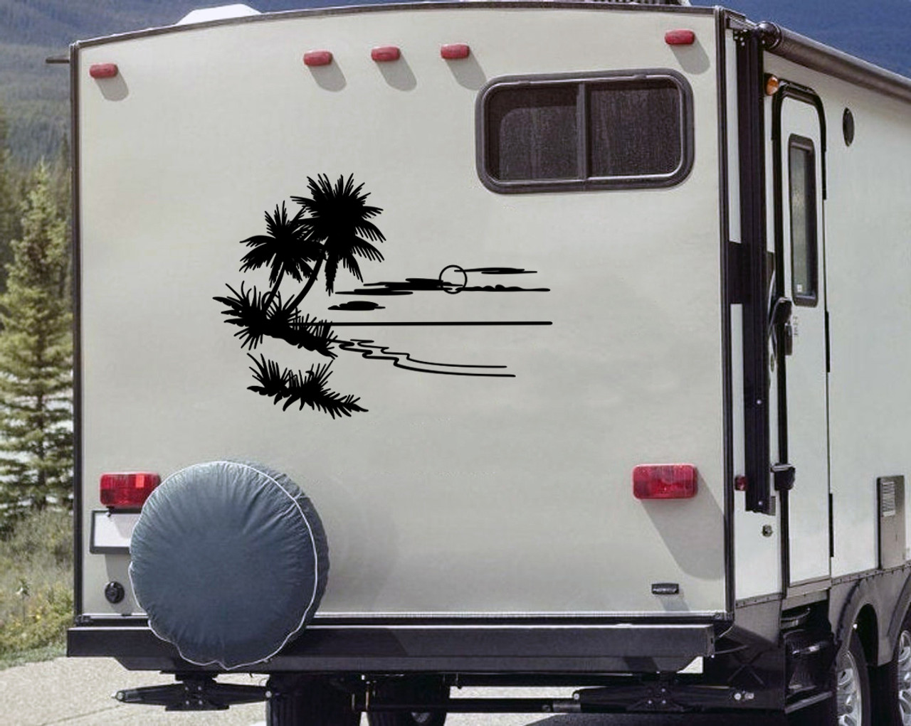 Beach Scene with Palm Trees Vinyl Decal V1 - RV Graphics Travel - Die Cut Sticker