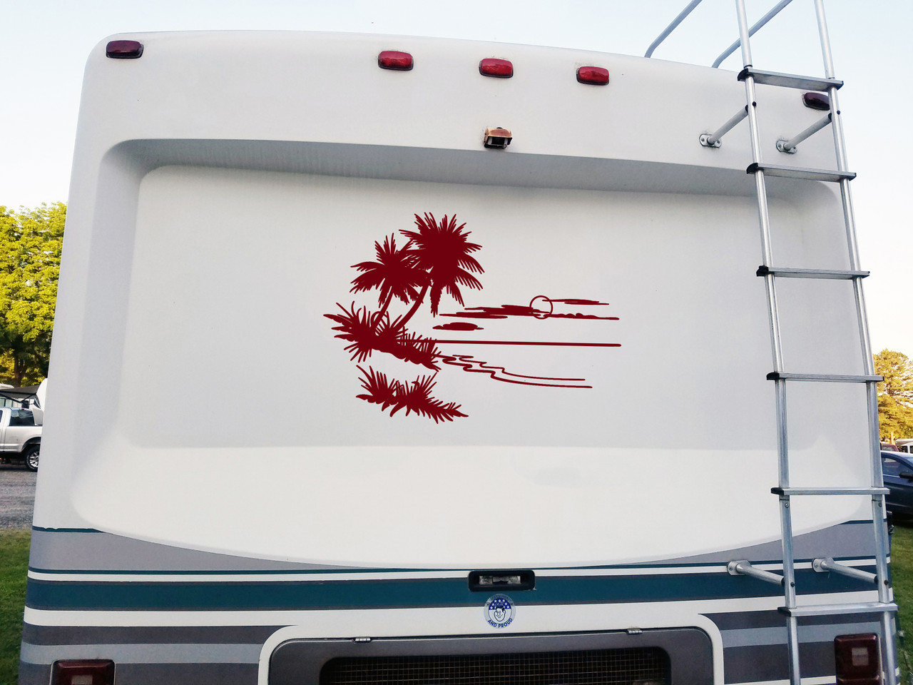 Beach Scene with Palm Trees Vinyl Decal V1 - RV Graphics Travel - Die Cut Sticker