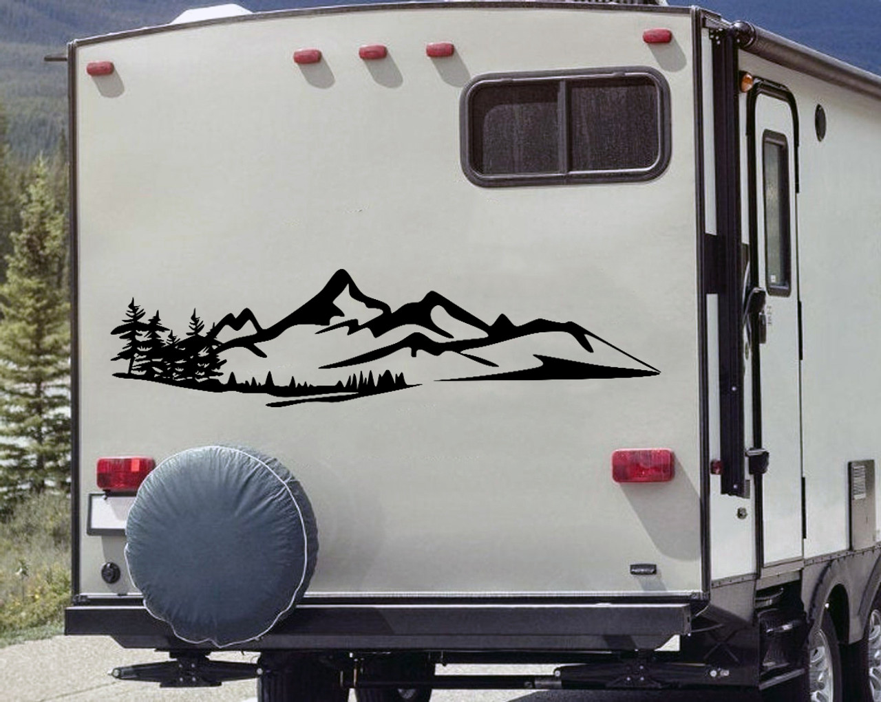 Mountains and Forest Vinyl Decal V8 - PNW 4x4 Hiking RV Graphics - Die Cut Sticker