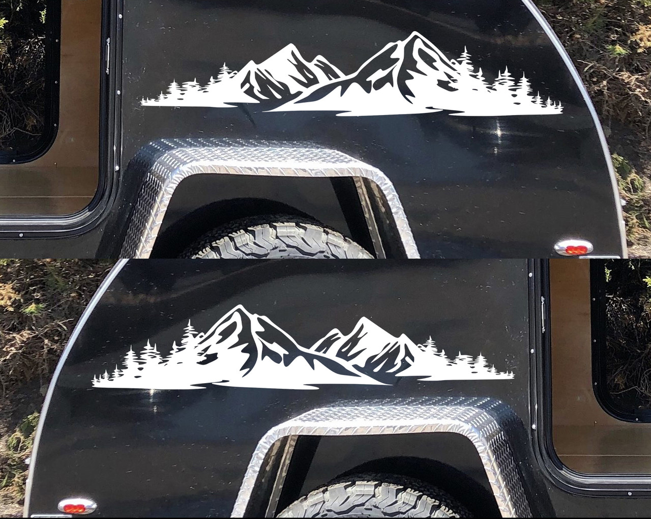 mirrored mountain vinyl decal pair featuring rugged mountain peaks and evergreen forests for trucks campers rvs overland vehicles and adventure rigs