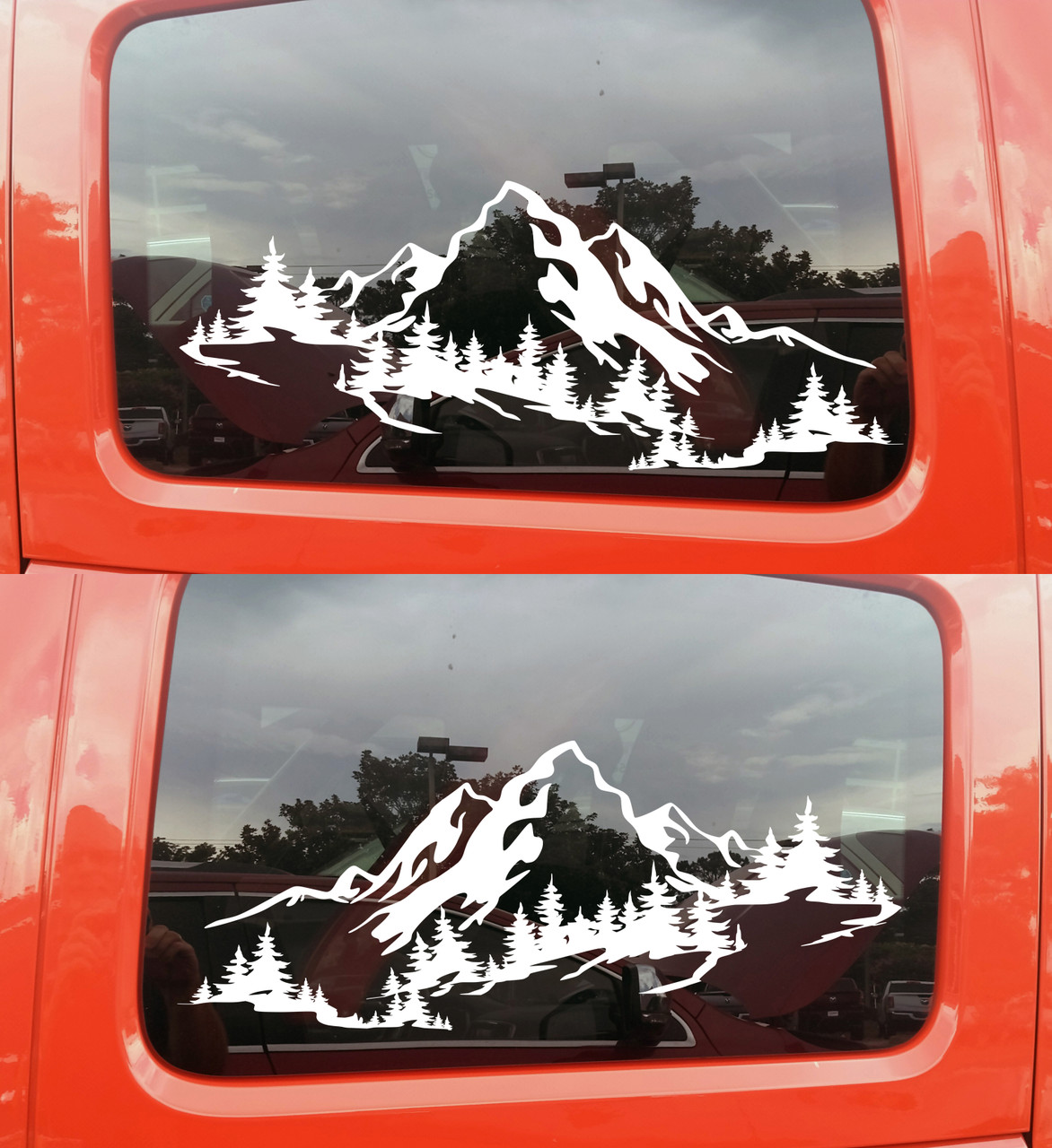 Pair of Mountains and Forest Vinyl Decals V7 - Mirrored Set 4x4 Camping RV Graphics - Die Cut Stickers