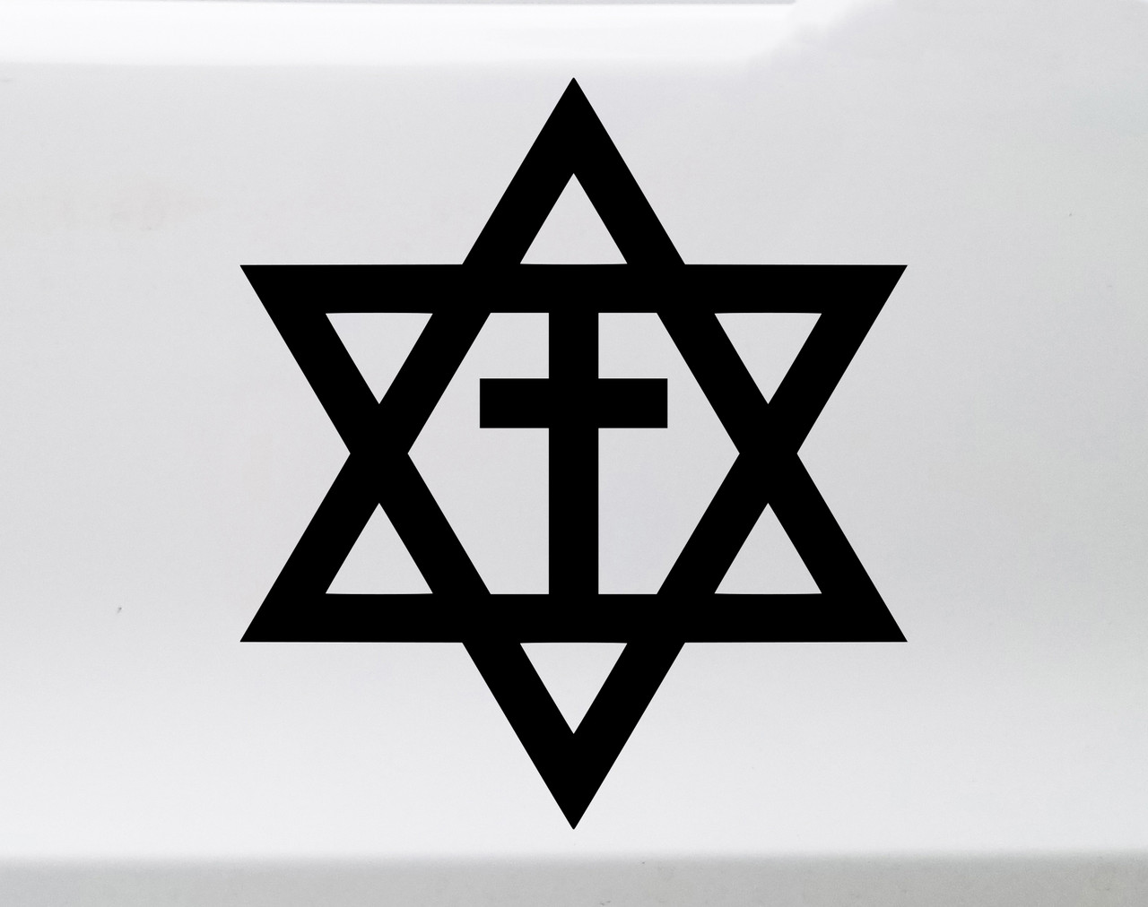 Messianic Cross Star of David vinyl decal featuring a Christian cross centered inside a six-pointed Jewish star, religious faith symbol for vehicle windows and decorative surfaces