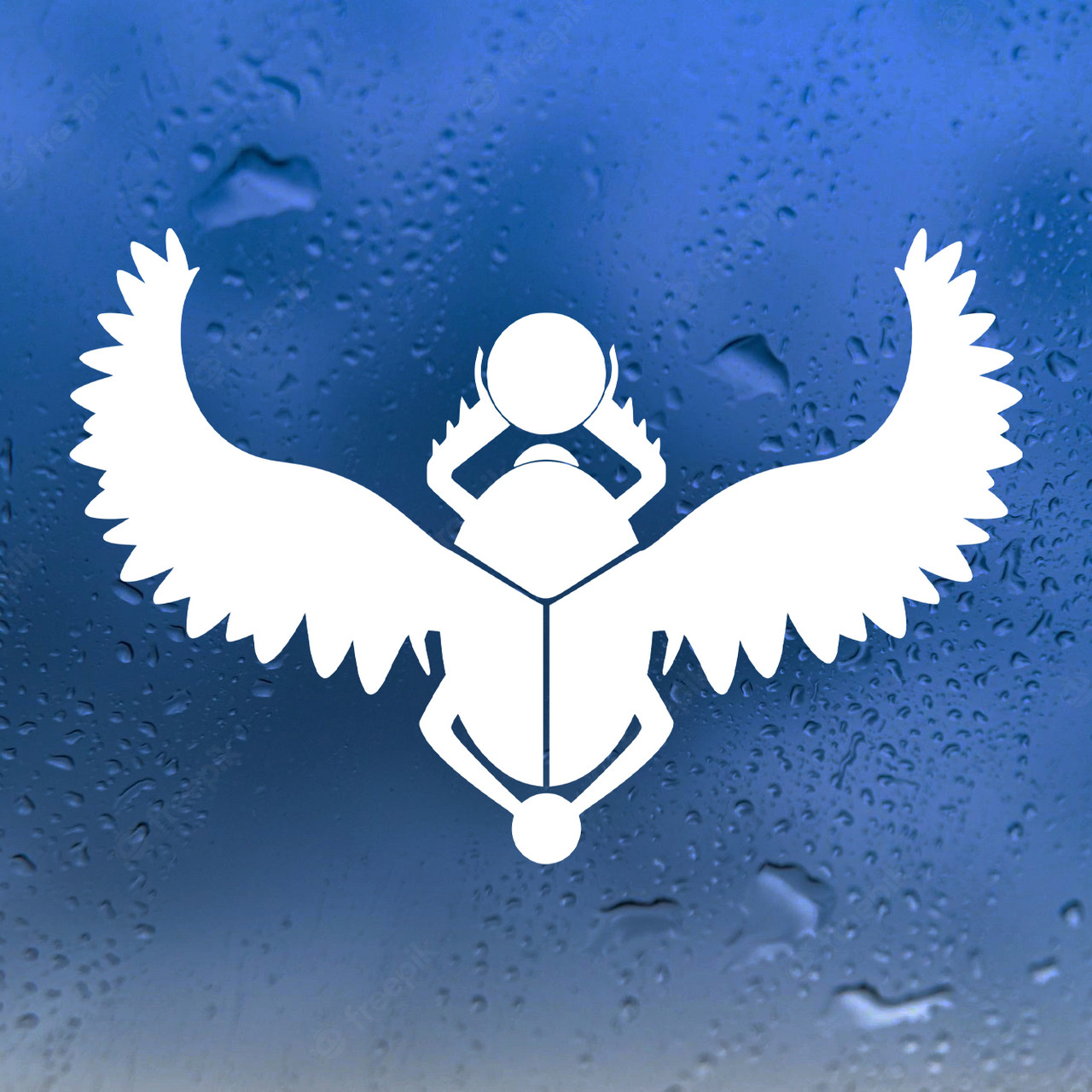 Egyptian winged scarab beetle vinyl decal with spread feathered wings and sun disk inspired by ancient Egyptian mythology and sacred scarab symbolism