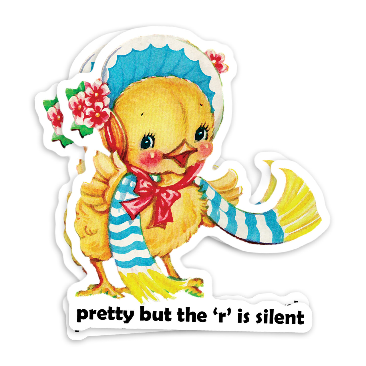 2-pack vintage vinyl stickers with text “Pretty But The R Is Silent” on white background, sarcastic quote decal with retro illustration