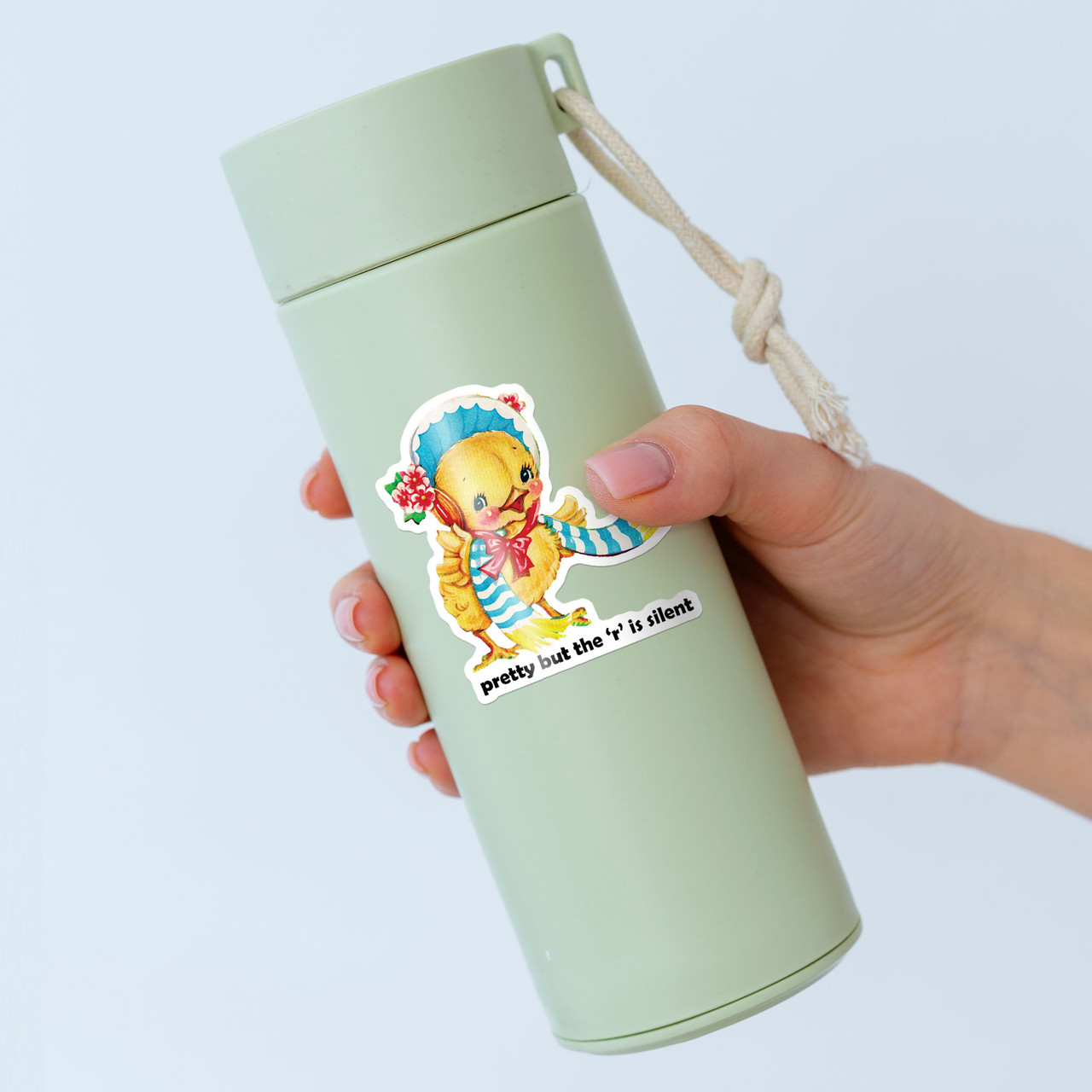 “Pretty But The R Is Silent” vinyl sticker on reusable water bottle, waterproof and cheeky decal with vintage flair