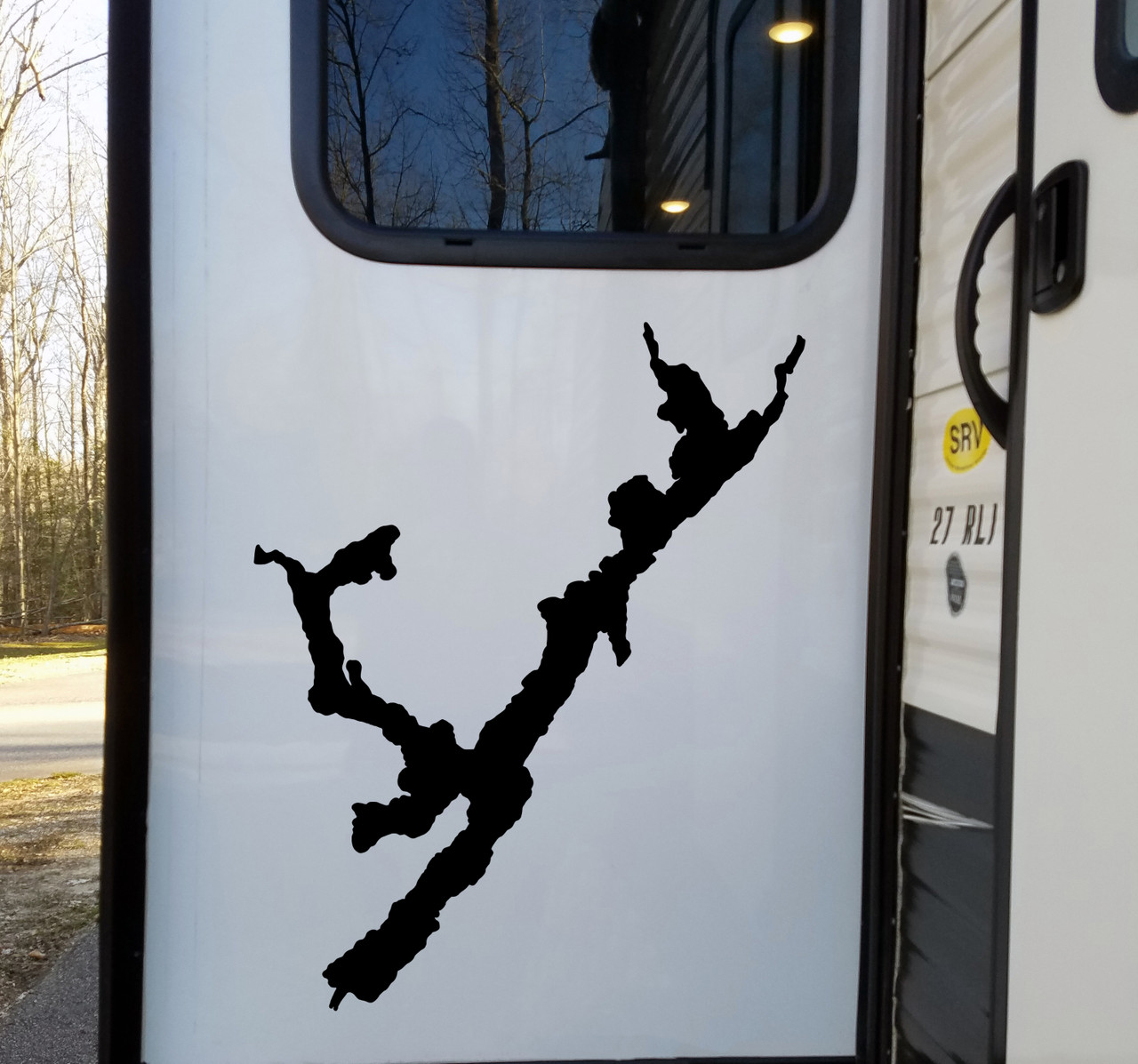 Forked Lake New York outline vinyl sticker decal showing Adirondack lake map shape applied to car window in minimalist design