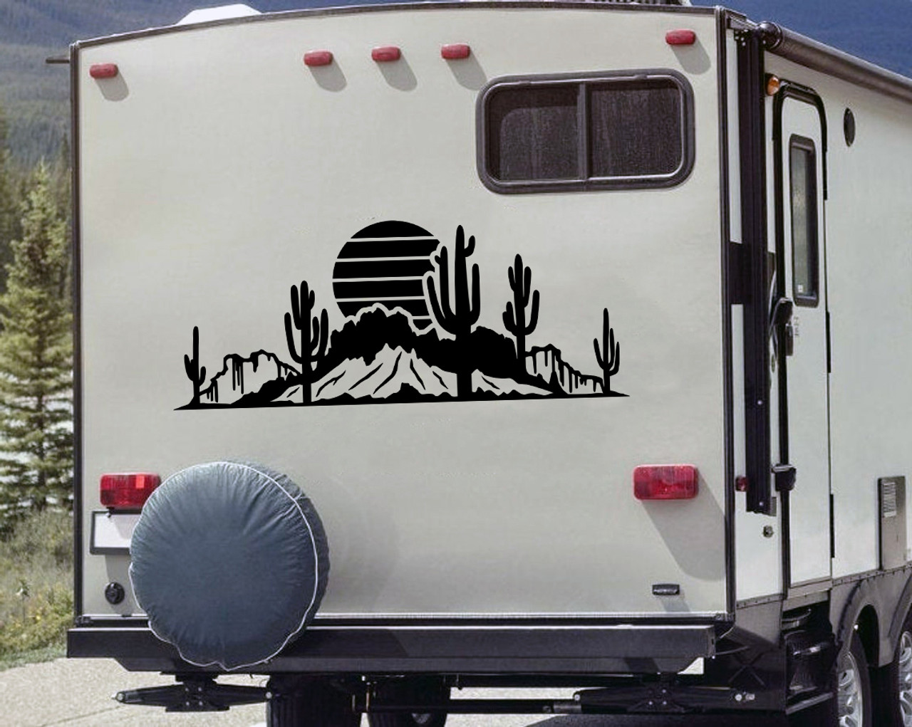 Desert Cactus Mountain Scene V3 Vinyl Decal - RV Camper Graphics Travel Trailer - Die Cut Sticker