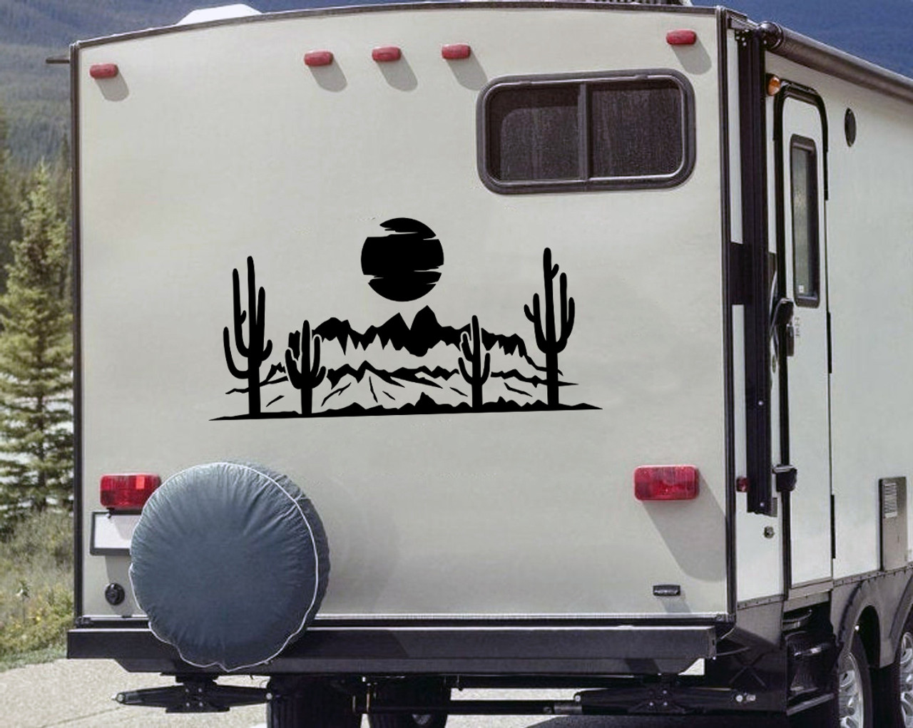 Desert Cactus Mountain Scene V4 Vinyl Decal - Sun RV Camper Graphics - Die Cut Sticker