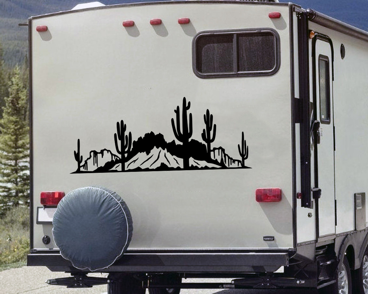 Desert Cactus Mountain Scene V6 Vinyl Decal - RV Camper Graphics Window - Die Cut Sticker